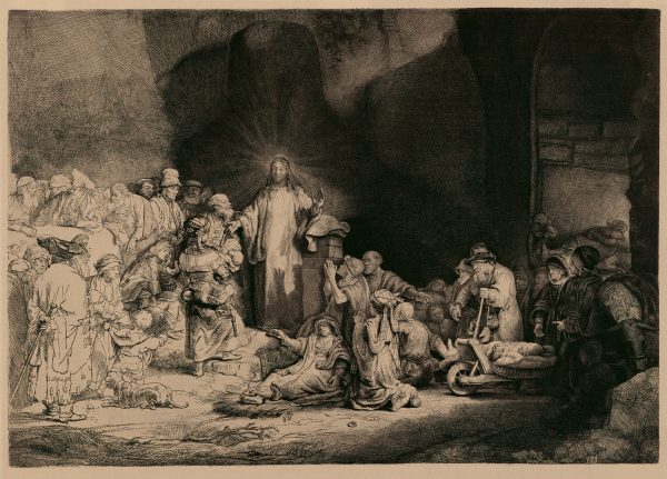The etching illustrates various incidents from chapter 19 of St Matthew's Gospel: 'And great multitudes followed him; and he healed them there' (v. 2). The print is know as 'The Hundred Guilder Print' because of the popularity.