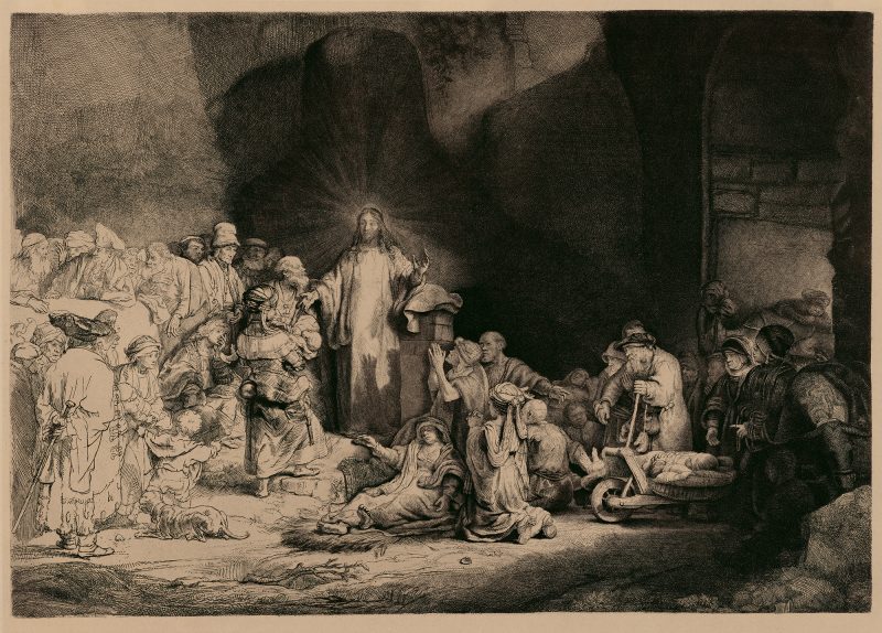 The etching illustrates various incidents from chapter 19 of St Matthew's Gospel: 'And great multitudes followed him; and he healed them there' (v. 2). The print is know as 'The Hundred Guilder Print' because of the popularity.