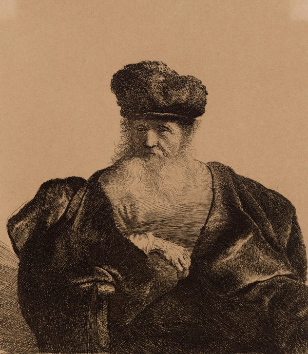 A man in 3/4 view wears a heavy cloak and hat. His beard is white and only one hand is seen.