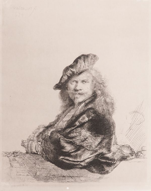 A self-portriat of Rembrandt. He wears a soft hat and rich clothes. His left elbow rests on a stone wall. Rembrandt here portrays himself in Renaissance attire, taking inspiration from two sixteenth-century works, Raphael's Portrait of Baldassare Castiglione, now in the Musée du Louvre, Paris, and Titian's so-called Portrait of Ariosto, now in the National Gallery, London.