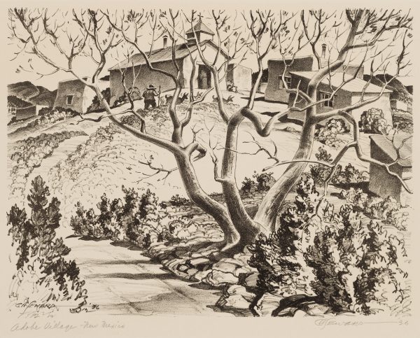 A tree losing its leaves is in the foreground. Through the branches can be seen a man with a walking stick and his goats, following a trail that begins at the bottom of the image, and curves left, ending at the center. Along the top are several adobe buildings.