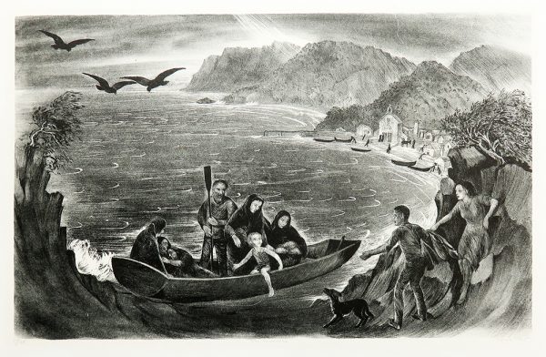 People in canoes wash up from the water onto a shore. A child is stepping out of the boat towards two individuals and a dog on the island. There is a village in the background with more boats and people. Birds fly above.