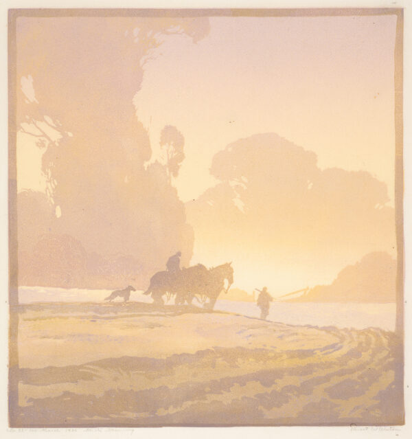 Horses, men, and a dog move across a field.