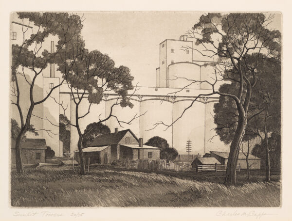 The background is filled with a white grain elevator. At center is a wood farm house with several smaller buildings and a wood fence. Several trees and grasses are in the foreground.