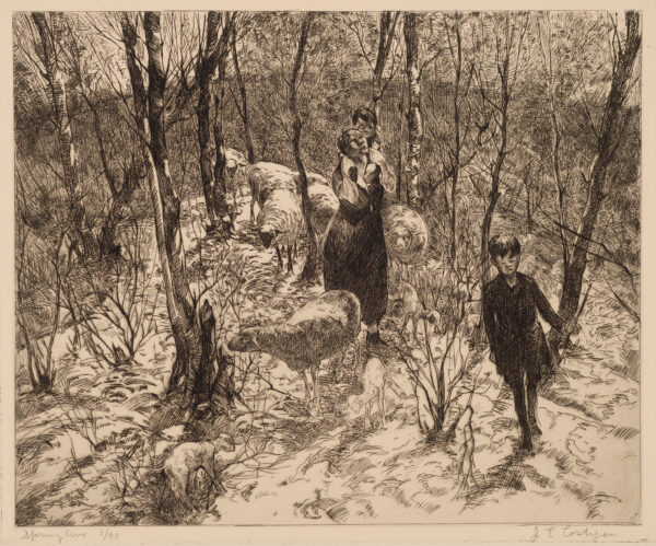Woman with child on her shoulders, young boy walking in a forest with about 7 sheep and their 3 lambs
