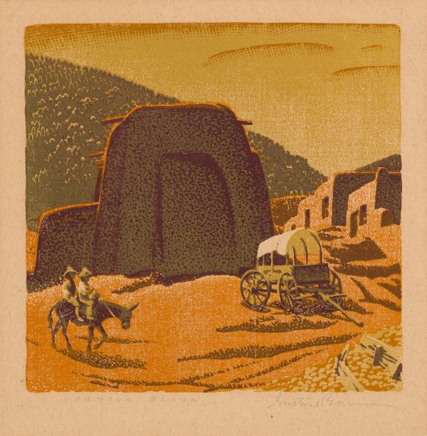 Two boys ride on a donkey, near adobe buildings, and a covered wagon.