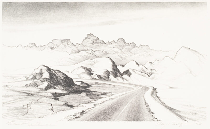 A road with a center line, runs from bottom center, curving toward the center left. Rocky outcrops are on each side of the road.