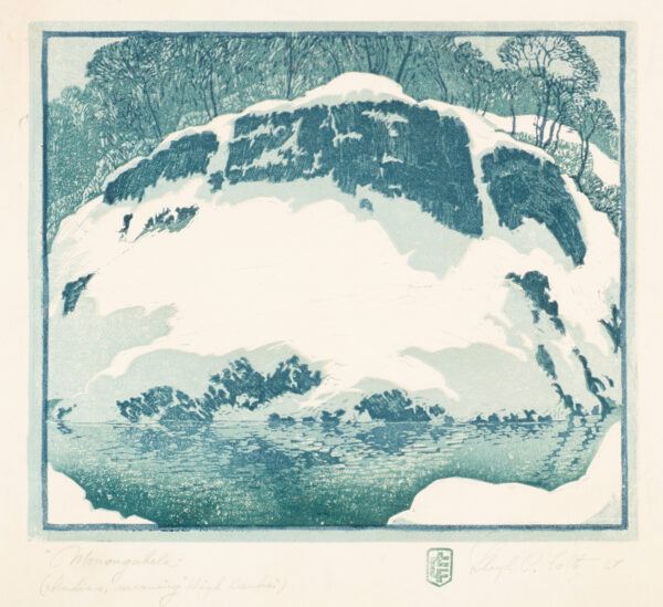 A snowy bluff, of rocks topped with trees.