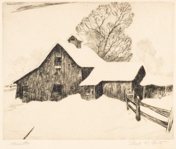 Wooden farmhouse covered in snow with a tree in the background and a fence to the right.