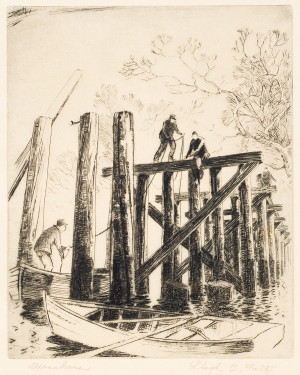 Three men building log bridge structure.  Paddle boat in foreground