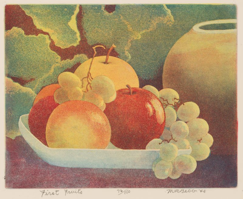 A shallow white bowl holds apples and grapes. A terra cotta olla is to the right and the background is amorphous shapes is blue-green on red-brown background.
