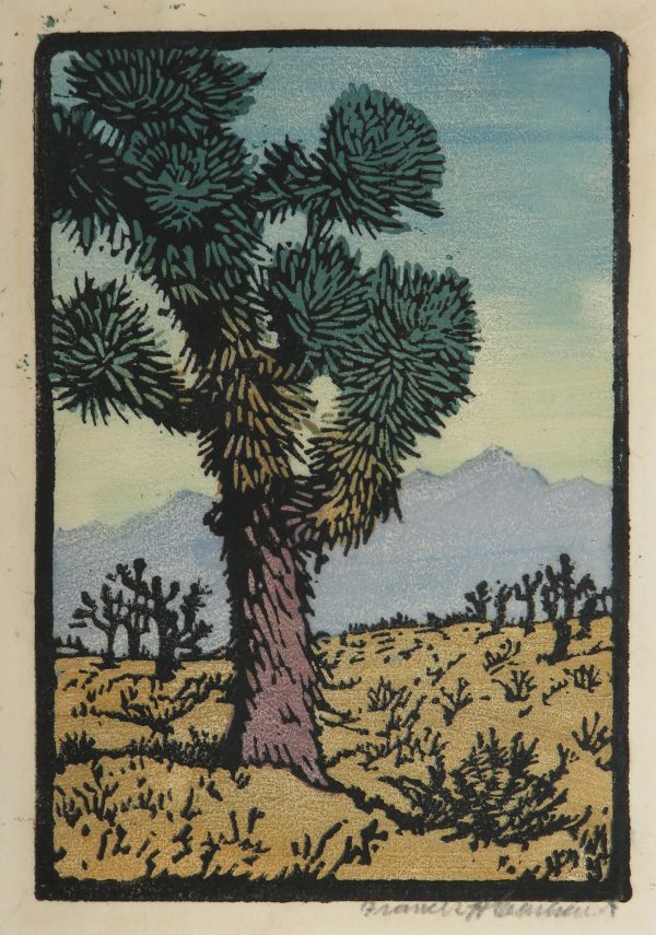 A Joshua Tree cactus fills the composition with purple mountains in the distance.