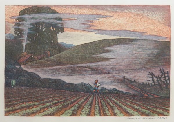A fall colored field is pictured with a figure at the center. There is a house to the left in the background and smoke pours out of the chimney, mixing with the sunset lit sky.