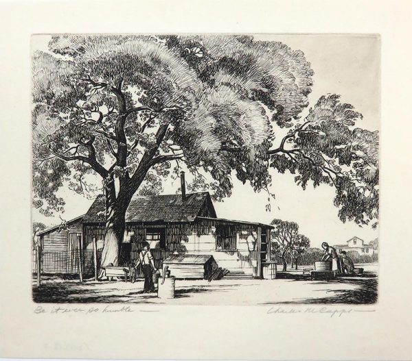 A man at center has just filled his water pail from a pump in the yard. A woman is doing wash in a large pail, a child looks on. Their house is in the center and a large tree fills the top half of the image.