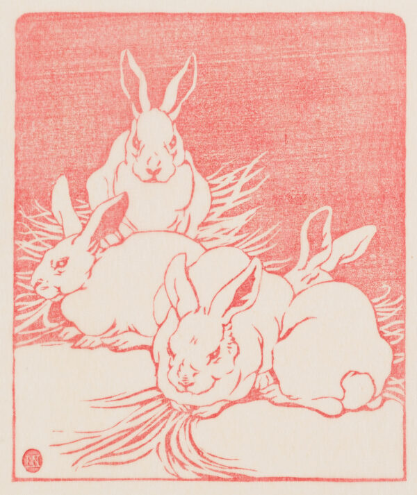 Four rabbits together. Two look forward, one is in profile, and another turned away.