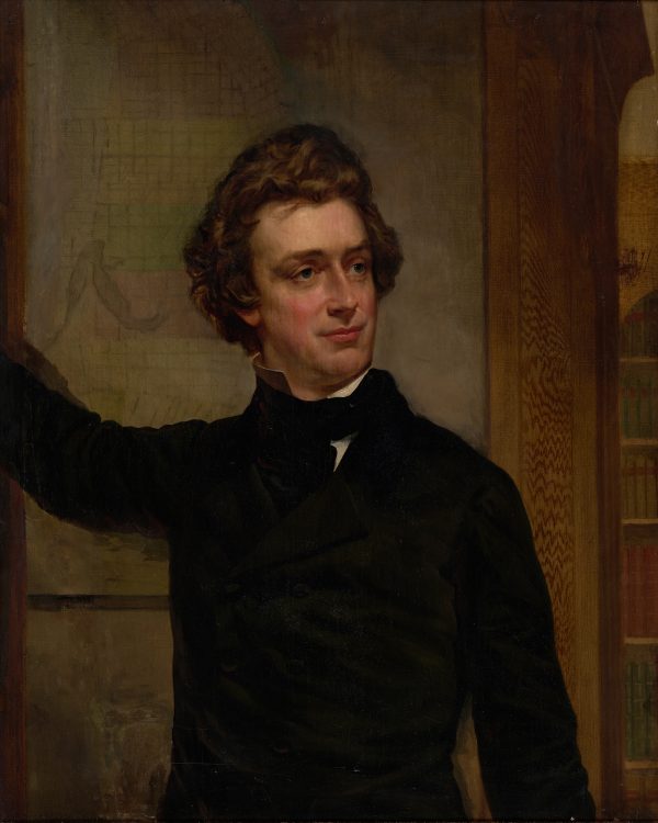 A 3/4 portrait of a man with his proper right arm raised. The man wears a dark green jacket with dark ascot tie and stand up collar. Behind the figure is a bookcase on the right. Henry Douglas Bacon (1813-1893) was a California financier who entered the retail business in St. Louis in 1835 and later joined his wealthy father-in-law in the banking firm of Page & Bacon. In 1849 he and his partners formed Page, Bacon & Co., an express firm in San Francisco, which became primarily a banking concern. The company's failure in 1855 served as a prelude to the San Francisco crash of 1855. Bacon invested in the Ohio & Mississippi Railroad, numerous mining ventures, and the Marengo Ranch in Southern California.