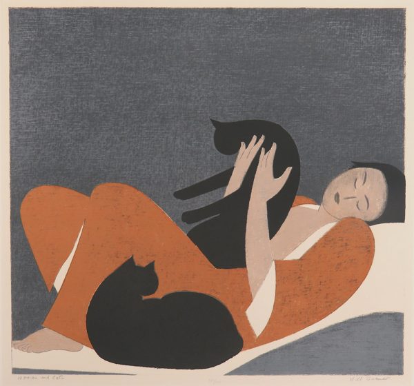 A woman (Barnet's wife, Elena) in raw siena colored kimono, with white at sleeves and collar. She reclines with two black cats. The background is gray.
Woman and Cats features one of Barnet’s classic subjects, a solitary woman with her pets. Depicting Barnet’s wife, Elena, the work is strikingly intimate and sensual. Elena leans back, eyes closed, holding one cat while another nestles against her knees. The work is made up of a series of sinuous, curving lines—the sweep of Elena’s shoulders, back, and profile mimic the curving bodies of the family cats. Barnet caught his wife in a moment of solitary reverie—perhaps as she is falling asleep or beginning to wake up. 
Barnet depicts Elena as both herself and as a more general symbol of love and desire. Posed against a blank background and wearing a loose, unstructured robe, Elena is not linked by pictorial details to a specific time or place. She could as easily be in another country or era rather than her home in the mid-20th century.
