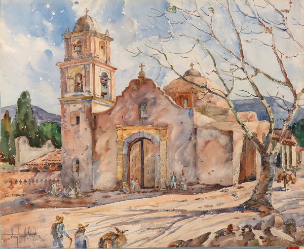 A cathedral has a tower on the left, a dome is on the right. The tower, front entrance and dome all have crosses on the top. The season is winter, as the tree in front has no leaves. There are people at the entrance and figures and donkeys on the road that runs from the bottom towards the right edge of the painting.