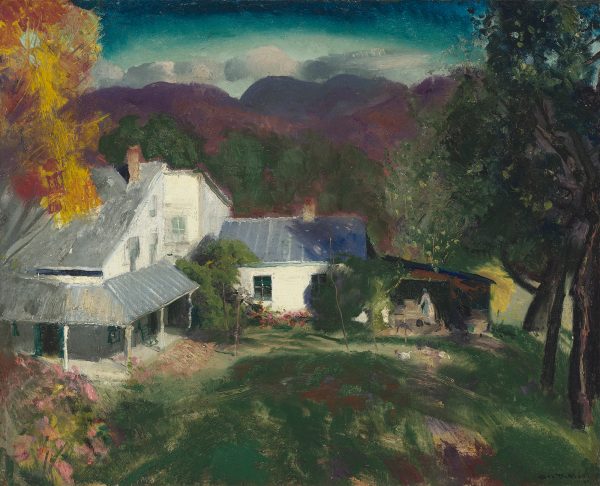 A woman in green apron and green hat works under an open sided shed attached to a farmhouse. On the left is a wrap around porch. Chickens are nearby and the foreground and behind the house is a late spring green. In the distance are purple mountains and dark clouds rise above the horizon.