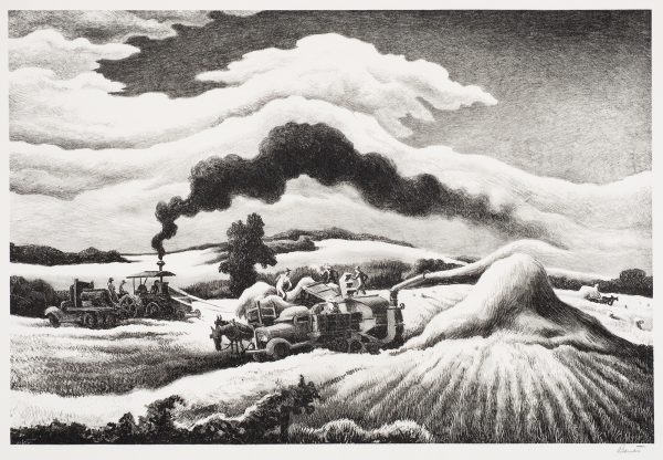 Farmers bring grain to a thresher by horse drawn wagons. The thresher is powered by leather belts and it bellows black smoke. There is a high stack of straw on the right. White clouds are in the dark sky. An Associated American Artists print.