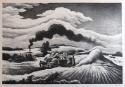 Farmers bring grain to a thresher by horse drawn wagons. The thresher is powered by leather belts and it bellows black smoke. There is a high stack of straw on the right. White clouds are in the dark sky.
An Associated American Artists print.