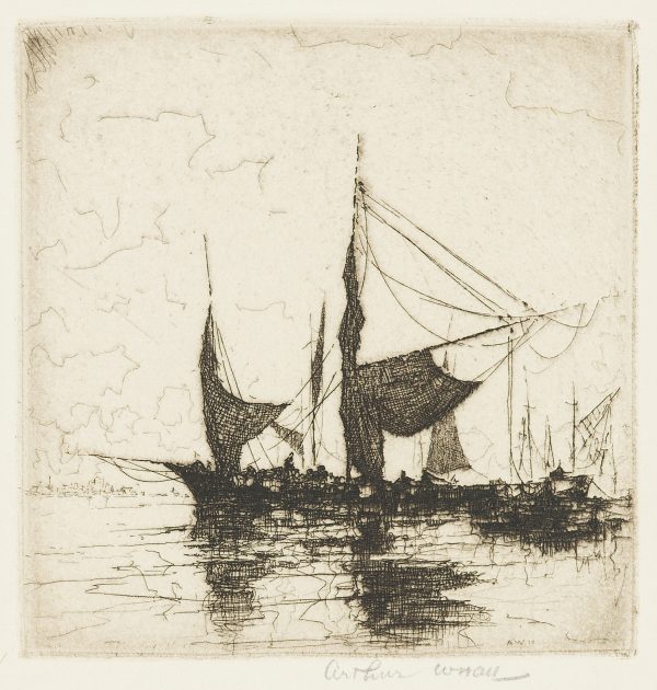 Boats float in the water. Silhouettes of sailors are present son the boats.