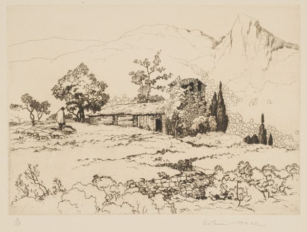 A cottage stands with trees surrounding it and mountains in the distance. A man stands in front of the cottage in a flock of grazing sheep.
