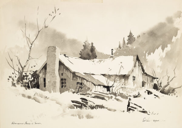 A house stands alone, covered in snow with barren trees on either side and large coniferous trees behind.