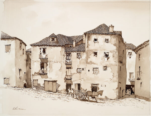 A street scene of 3 and 4-story buildings of brink and plaster, the roofs are clay. A donkey and cart stand in front with two figures moving toward a doorway. At the right is an alley with more figures in the background.