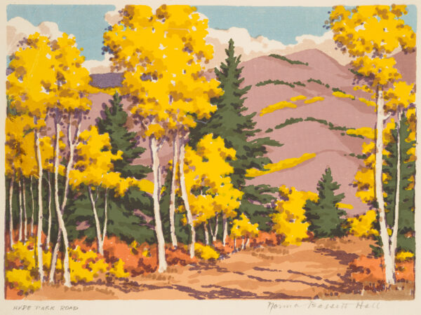 Fall colored trees are intermixed with coniferous trees on a path leading up to a mountain.