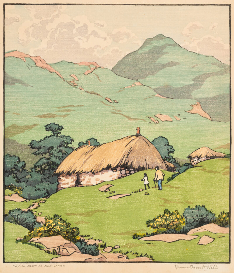 A young child and older man with cane approach a thatched cottage with tall hills in the background.
