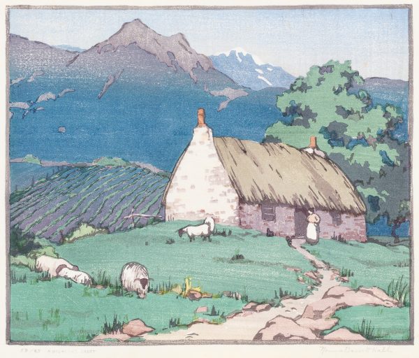A woman stands outside of a cottage, with a front walk running from the cottage to the center of the bottom of the image. Several sheep and rams are at the left, plowed fileds are also at the left and mountains, one with snow are in the background.