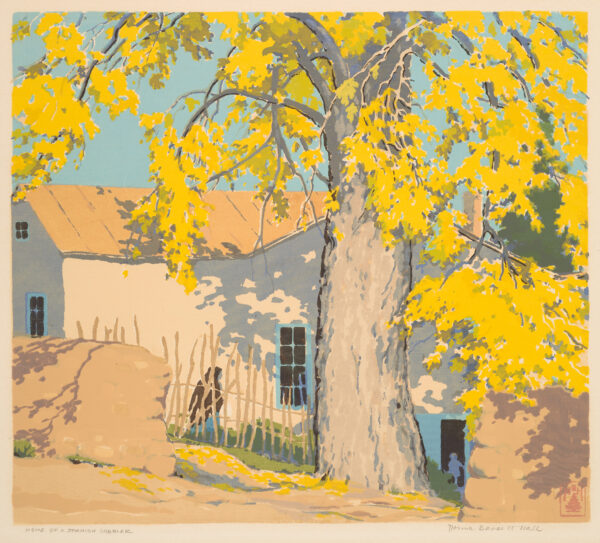 A large cottonwood tree is on the right, in front of a house with blue trim. A small child is in the doorway on the lower right.
