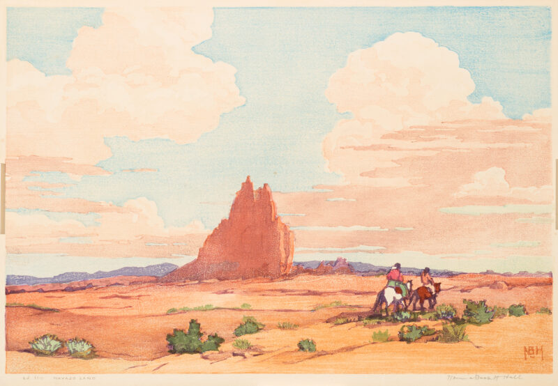 Two figures on horses are seen from behind riding toward the horizon. A large rust color rock formation is to left of center Proof of 2018.1.14