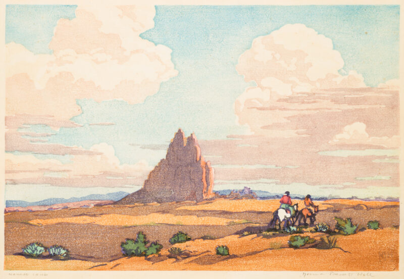 Two figures on horses are seen from behind riding toward the horizon. A large rust color rock formation is to left of center Proof of 2018.1.14