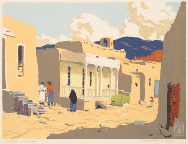 A woman with her head covered by a black shawl waks toward a man and woman in the alley. A white porch is in front of a row of adobe houses. Blue mountains are in the back ground on the right and a ristra of chilis hangs from the wall at the right. Cordova, New Mexico