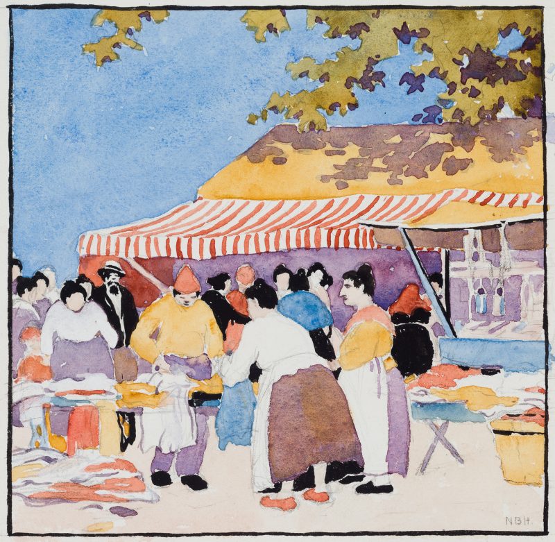 A market scene of two women offering clothing on sawbuck tables. Behind is a red and white striped awning and a yellow roof.