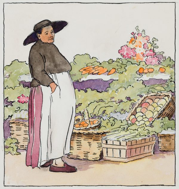 A woman stands before many baskets of produce. She wears a black shirt and large hat, red skirt with white apron.