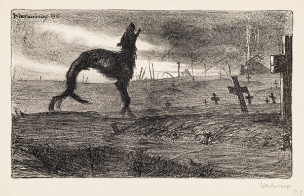 WWI, A lone, howling dog in silhouette stands at the edge of a cross-studded cemetery.