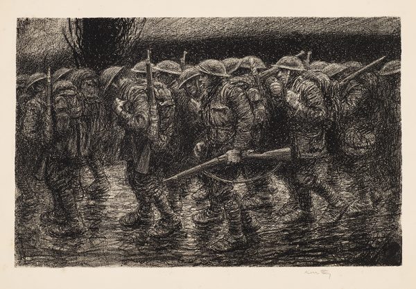 WWI, A troop of soldiers march, with heads bent, looking down. It is nigh time.