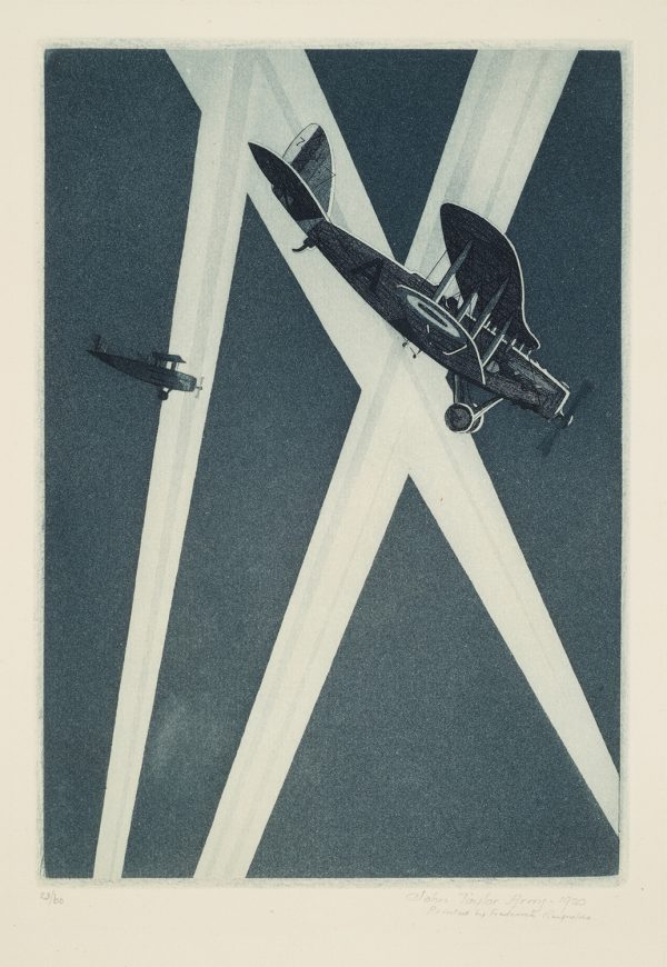WWI, Two airplanes fly against search light beams.