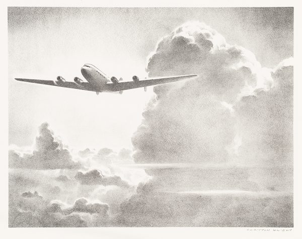 WWI, An airplane in a cloud-filled sky.
