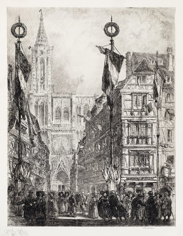 WWI, French soldiers enter Strasbourg, the capitol of Alsace-Lorraine, adorned with the national colors. It depicts a gathering of people in front of tall buildings, the cathedral is in the distance.