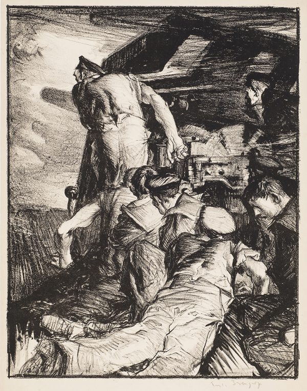 WWI, Shown in Allied War Salon exhibition NYC 1917. Making Sailors was part of a series of six lithographs published by the Ministry of Information in 1917. To view the series, see http://arielpoems.com/frank-brangwyn/4573964795