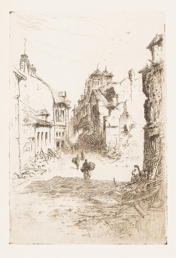 WWI, (vol. 2, no. 1, insert The Print Connoisseur) A line of figures walk through a deserted street in a bombed French village.