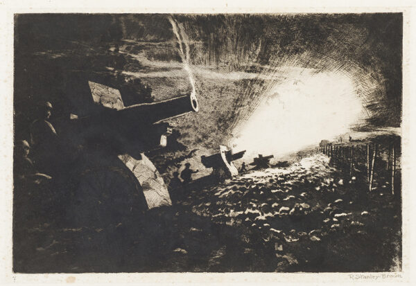 WWI: Active war zone with solders firing cannons across the fence. Bright light in the center from explosions