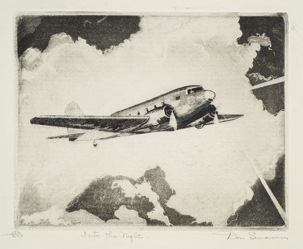 WWI, An airplane is ascending into a dark, cloud-filled sky.