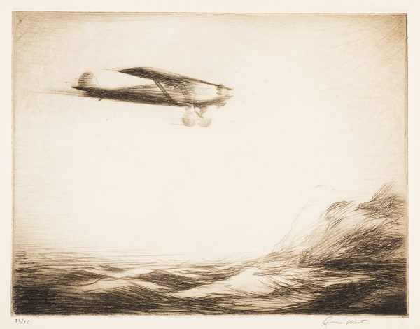 WWI, An airplane flies over thick clouds.
