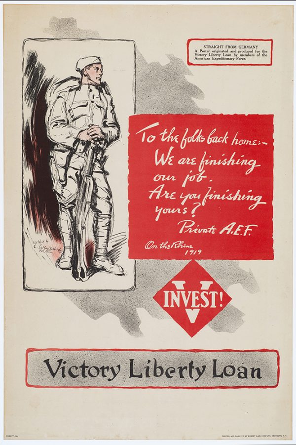 WWI: Poster with solder in uniform leaning on gun. Bright red detail use to design this poster promoting the Victory Liberty Loan