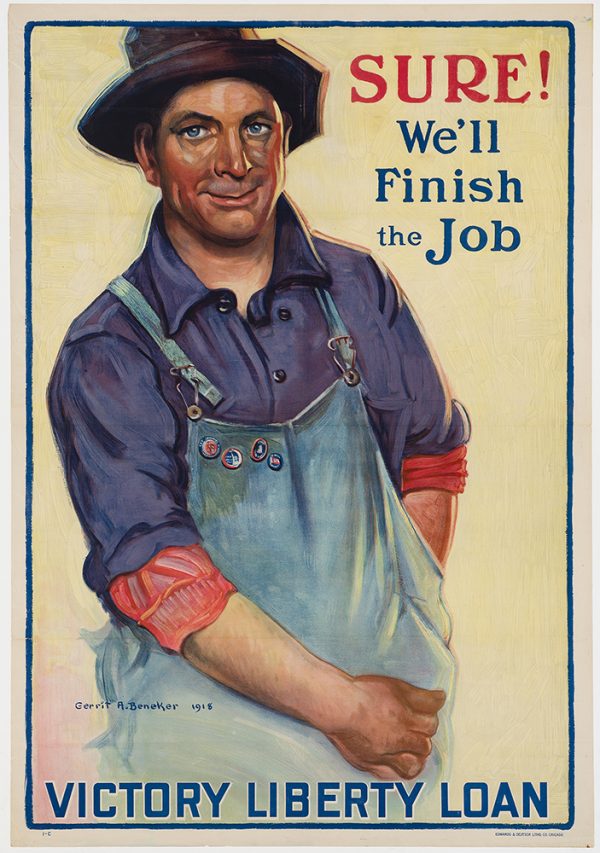 WWI, A man is dressed in a purple shirt and blue overalls, with the words 
